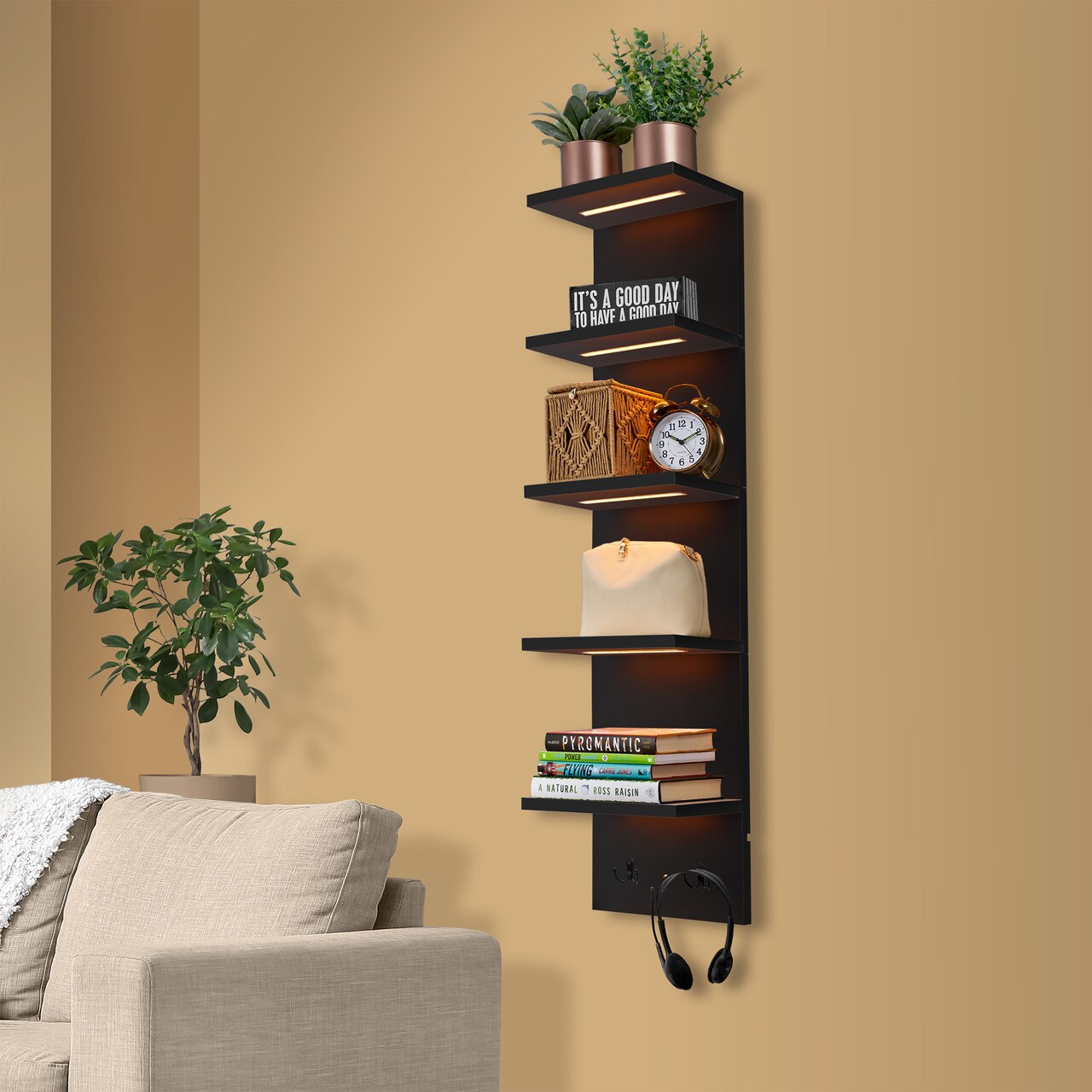 Sorbus LED Light Display Shelf - Vertical 5 Tier Wall Shelf Unit with 2 Hooks, Wall Mounted Floating Column Utility Shelving